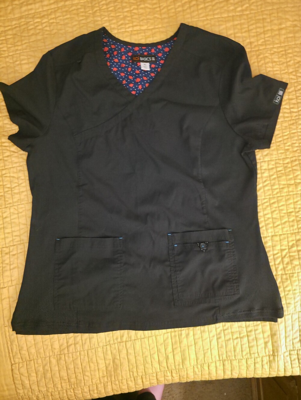 koi Black Scrub Top with Navy Floral Trim